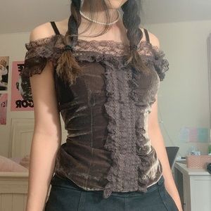 Rare Original Moda International Brown Lace Velvet Fairy Core Corset Top